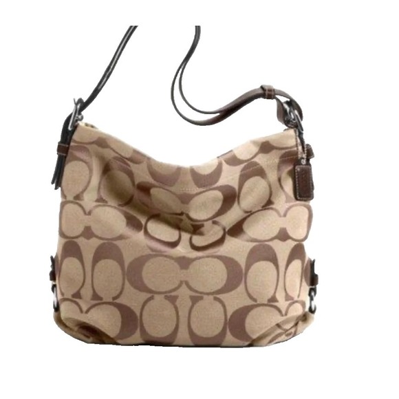 Coach Handbags - Coach Signature Canvas Hobo Shoulder Bag Crossbody Purse Logo Brown